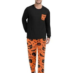 Men's Pajama Set Sleepwear Lightweight Long Sleeve Black /Orange NWT
